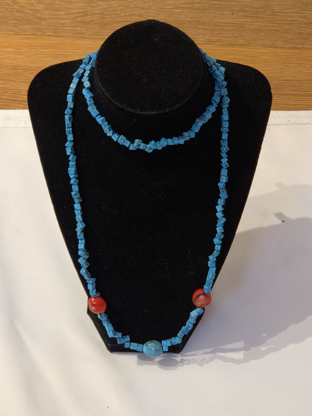 Double-Layer Turquoise Blue Beaded Necklace with Red Accent Beads